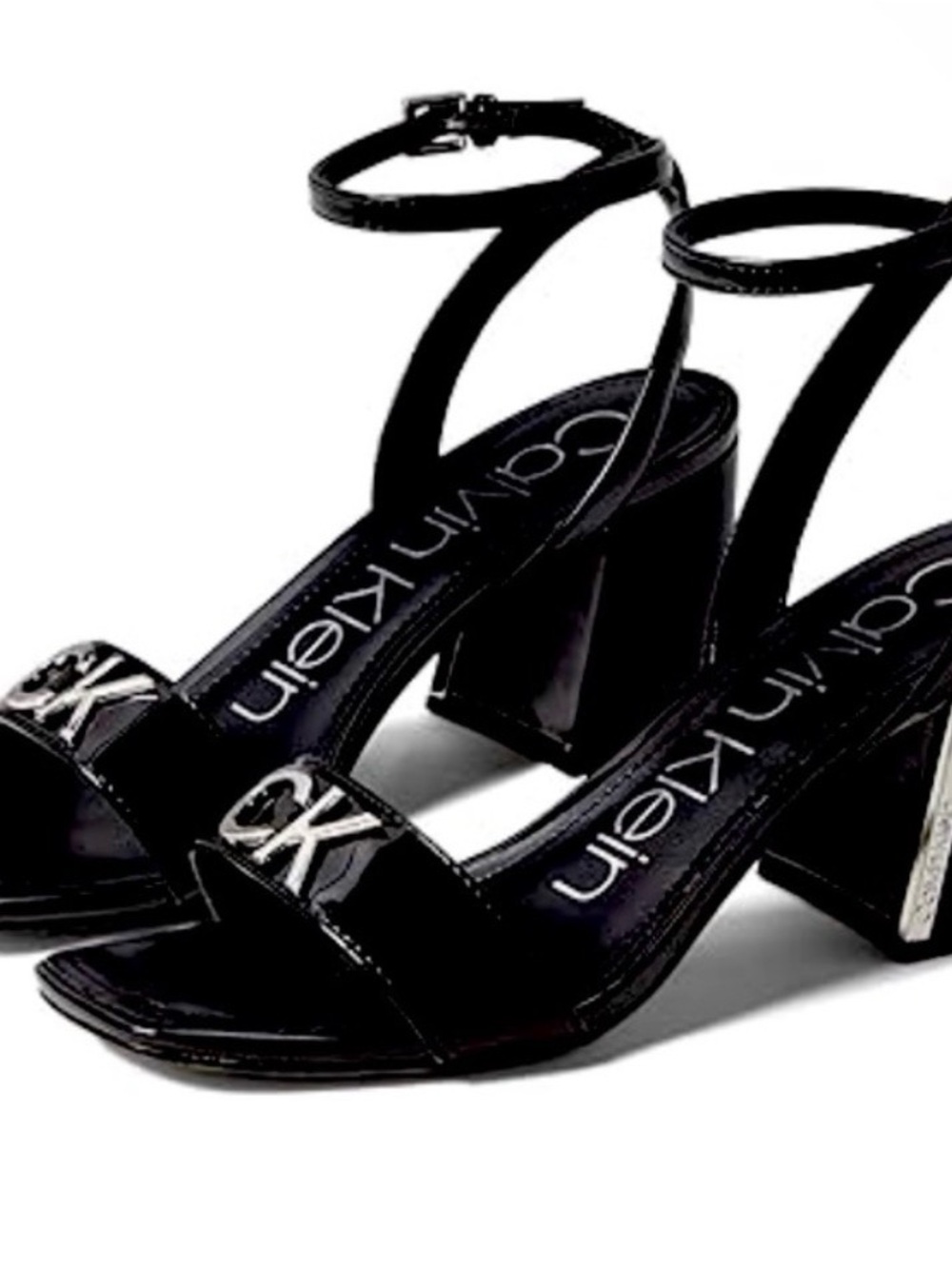 Calvin Klein Black Patent Ankle-Strap Block Heel Sandals with CK Logo